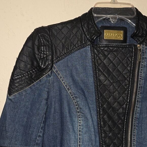 PAPARAZZI BY BIZ JEAN JACKET WITH BLACK FAUX LEATHER TRIM, SIZE MEDIUM - Picture 3 of 13